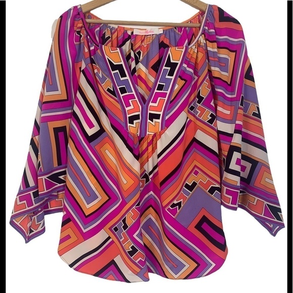 - Alice and Tricia Pink Black Silk Blouse Top Orange Cream Geometric Print - Picture 1 of 8